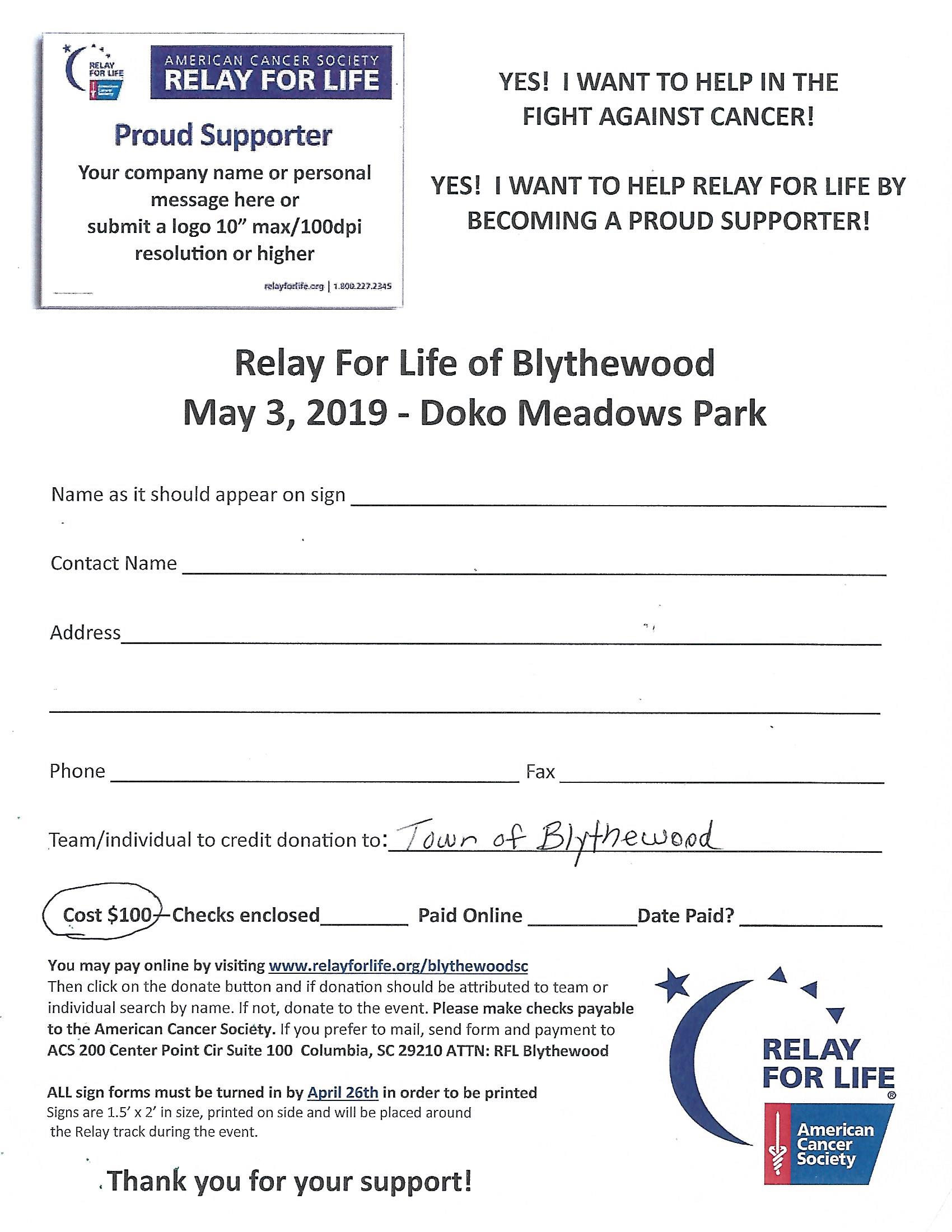 Relay for Life Blythewood Sponsor